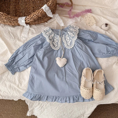 Vestido Infantil de Mezclilla para Niña – Estilo Princesa con Bordado y Lazo