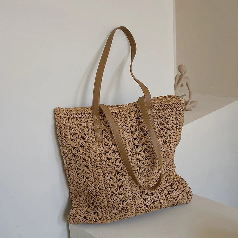 Bolso de Hombro Tejido a Mano de Raffia – Tote Bohemio de Verano para Playa y Viajes