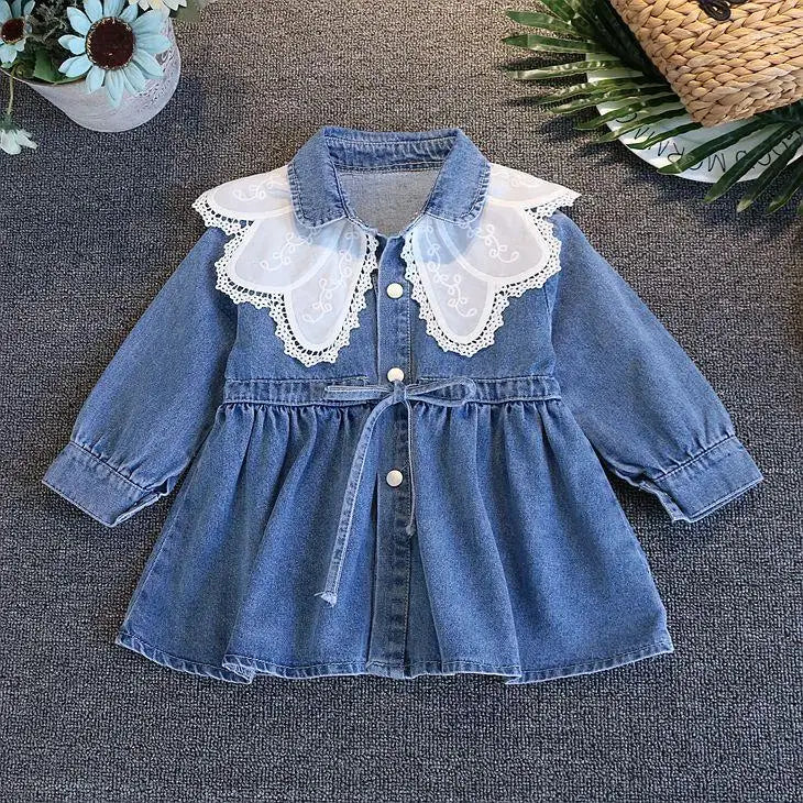 Vestido Infantil de Mezclilla para Niña – Estilo Princesa con Bordado y Lazo
