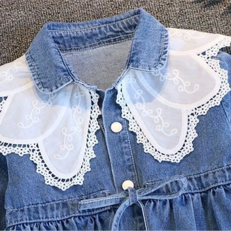 Vestido Infantil de Mezclilla para Niña – Estilo Princesa con Bordado y Lazo