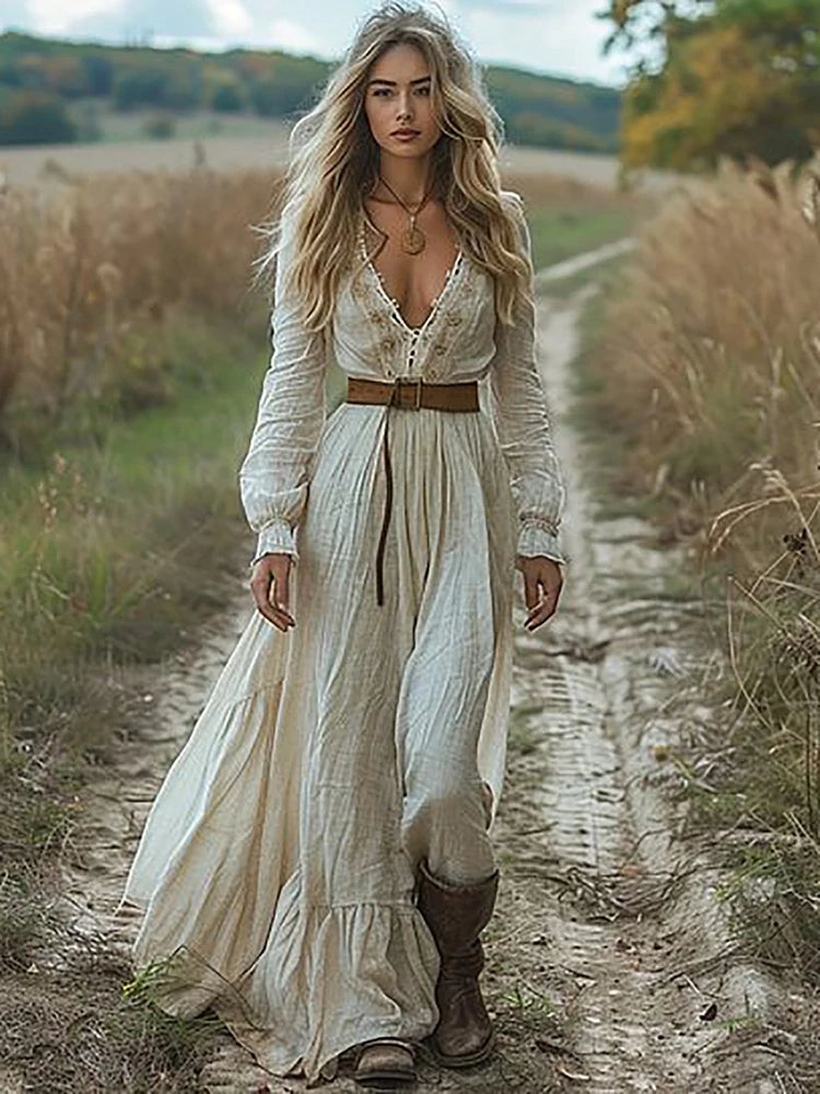 Vestido Maxi de Estilo Campestre – Elegancia Bohemia y Romance Vintage