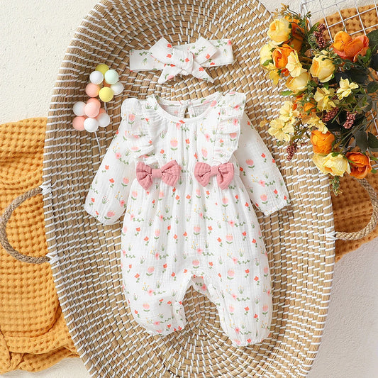 🌸 Enterito para Bebé Niña con Estampado Floral y Moño + Diadema🌸