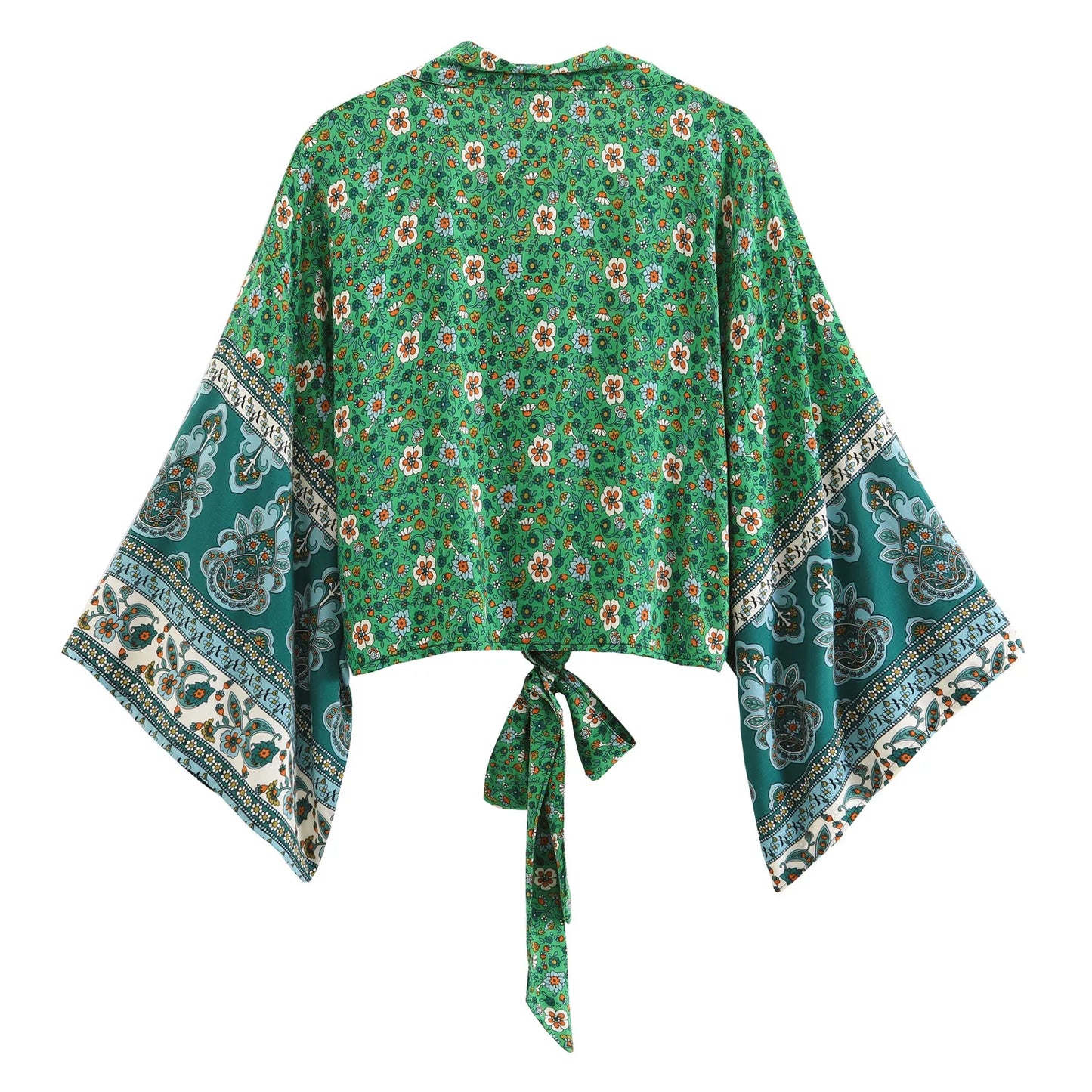 Top Kimono Corto Floral para Mujer – Estilo Bohemio de Playa con Escote en V