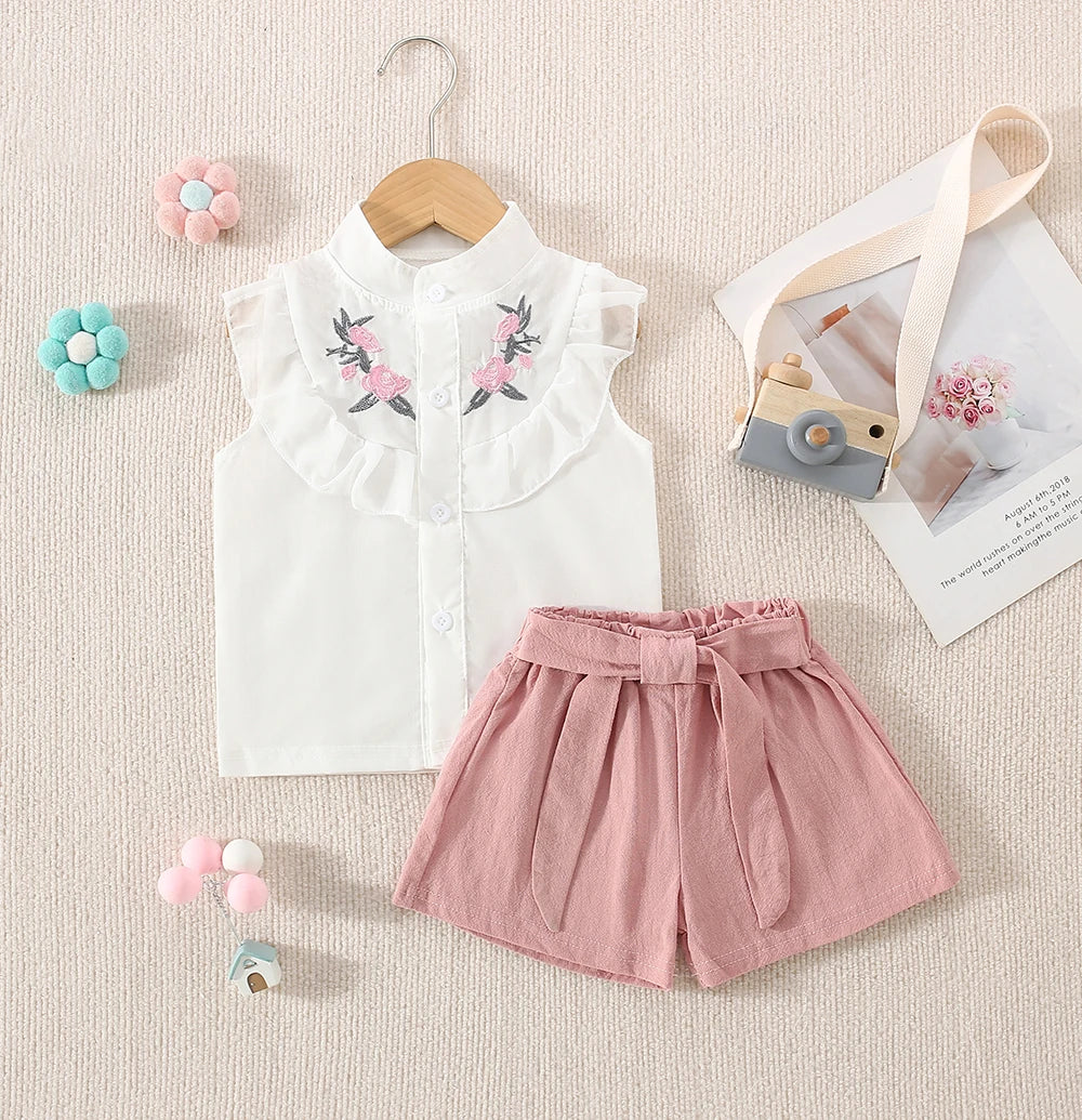 🌸 Conjunto de Verano para Niña – Top Bordado sin Mangas + Shorts de Algodón