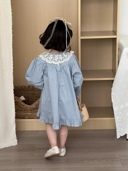 Vestido Infantil de Mezclilla para Niña – Estilo Princesa con Bordado y Lazo