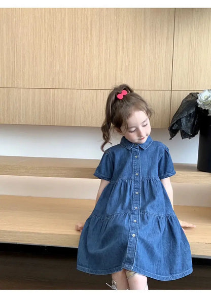 Vestido Infantil de Mezclilla para Niña – Estilo Princesa con Bordado y Lazo