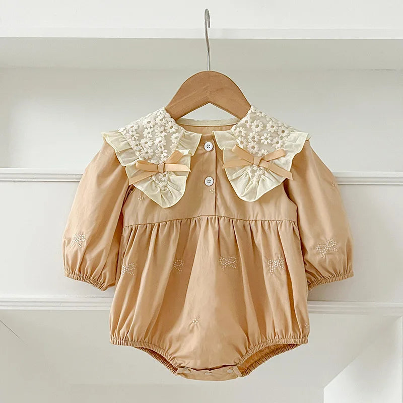 🎀 Enterito para Bebé Niña con Encaje, Moño y Bordado Floral🎀