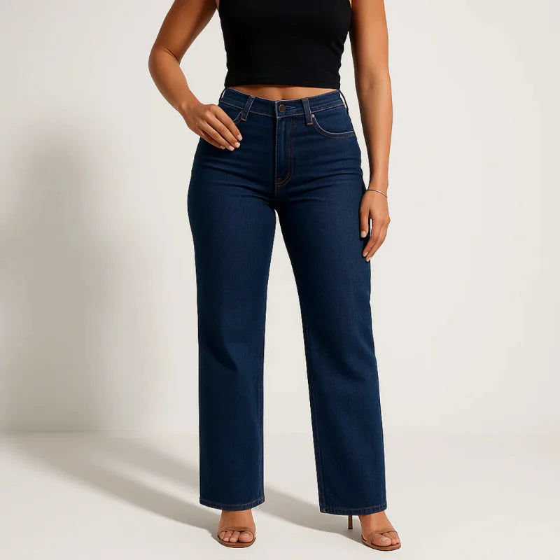 Jeans Mujer Recto de Corte Slim con Efecto Realce – Denim Azul Lavado