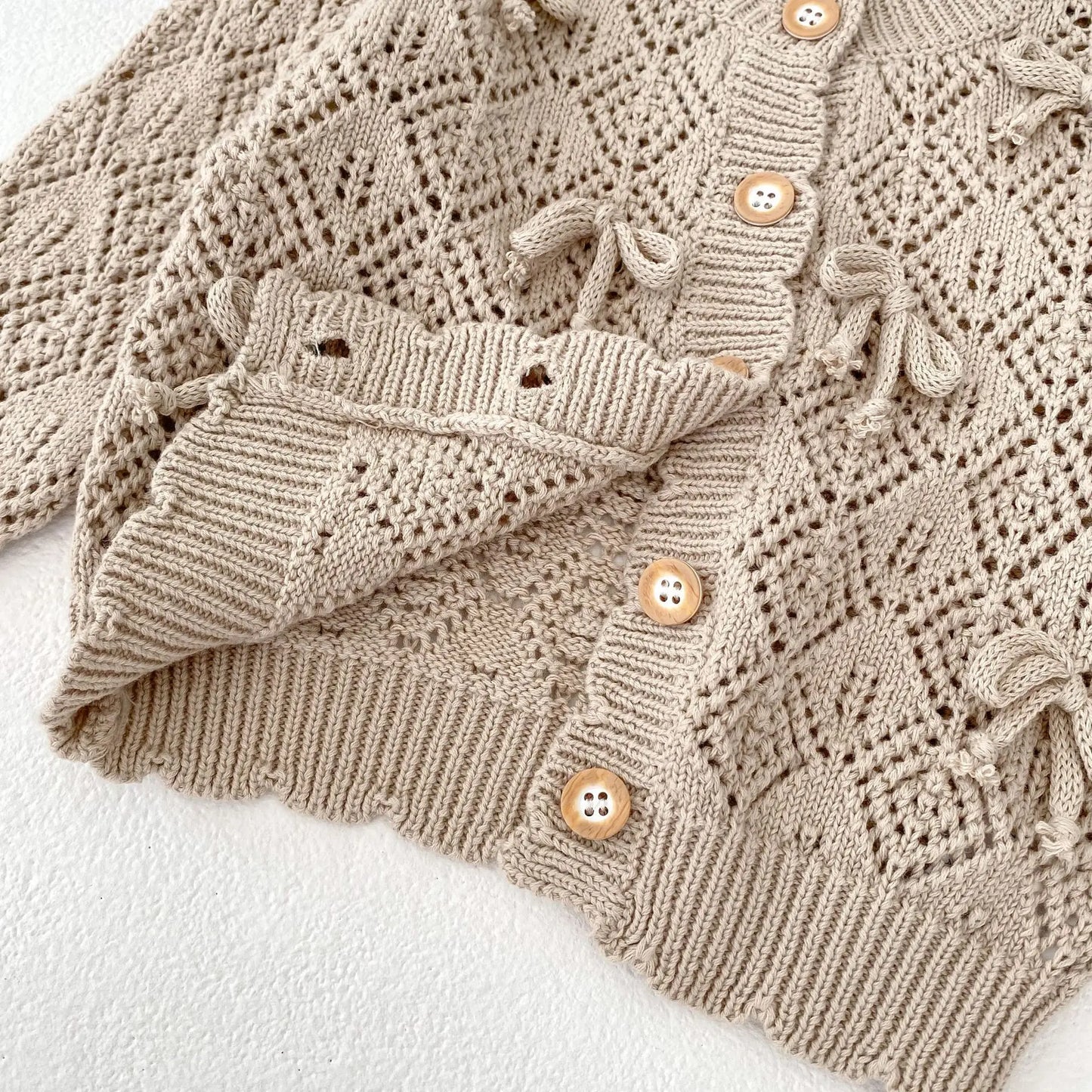 Cárdigan Tejido Infantil para Bebé – Chaqueta Calada con Lazo para Primavera y Otoño