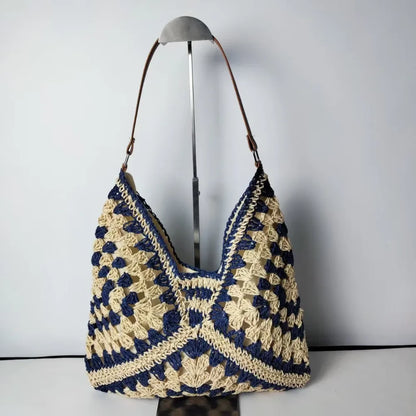 Bolso de Hombro Tejido de Paja Estilo Crochet – Bolso de Verano Casual para Playa y Viajes