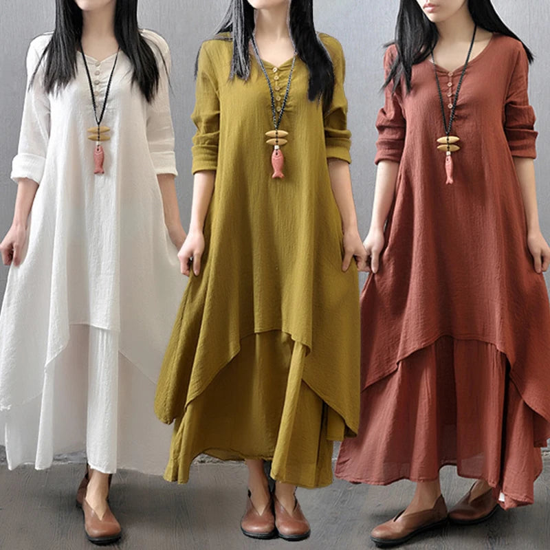 Vestido Largo de Lino Blanco para Mujer – Estilo Bohemio Vintage de Otoño