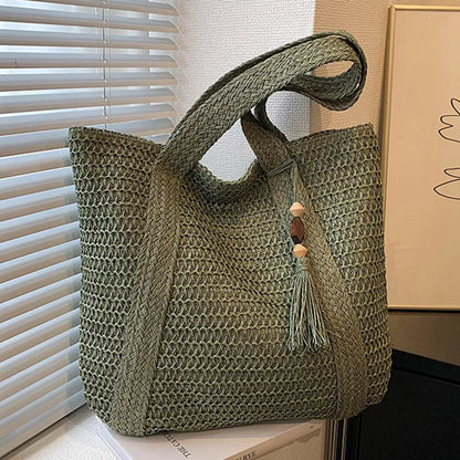 Bolso Tote Tejido de Verano para Mujer – Gran Capacidad con Borla Decorativa
