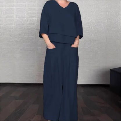 Conjunto Elegante Dúo – Blusa de Cuello en V + Pantalón Palazzo con Bolsillos