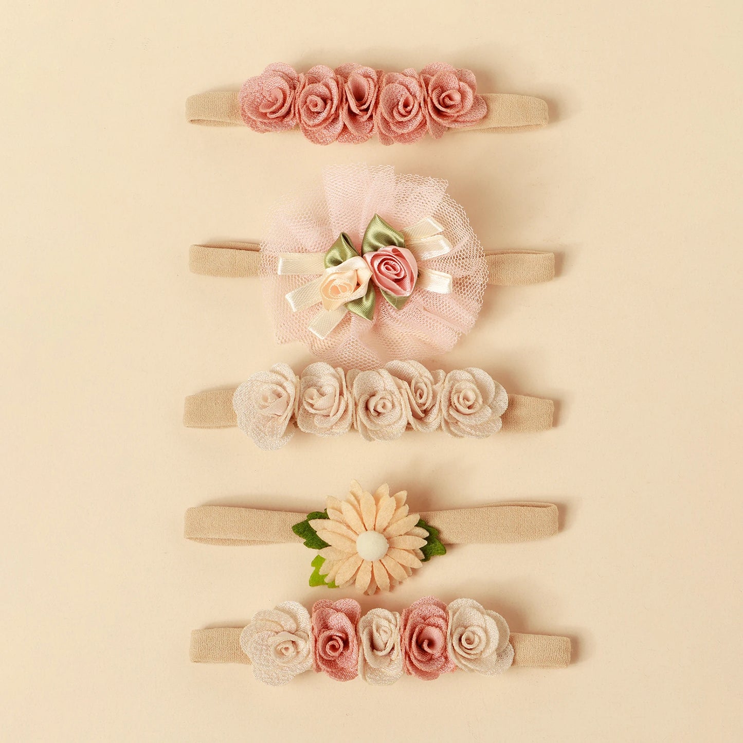🎀 Set de 5 Diademas para Bebé Niña con Flores y Encaje – Dulzura para Momentos Especiales 🌸