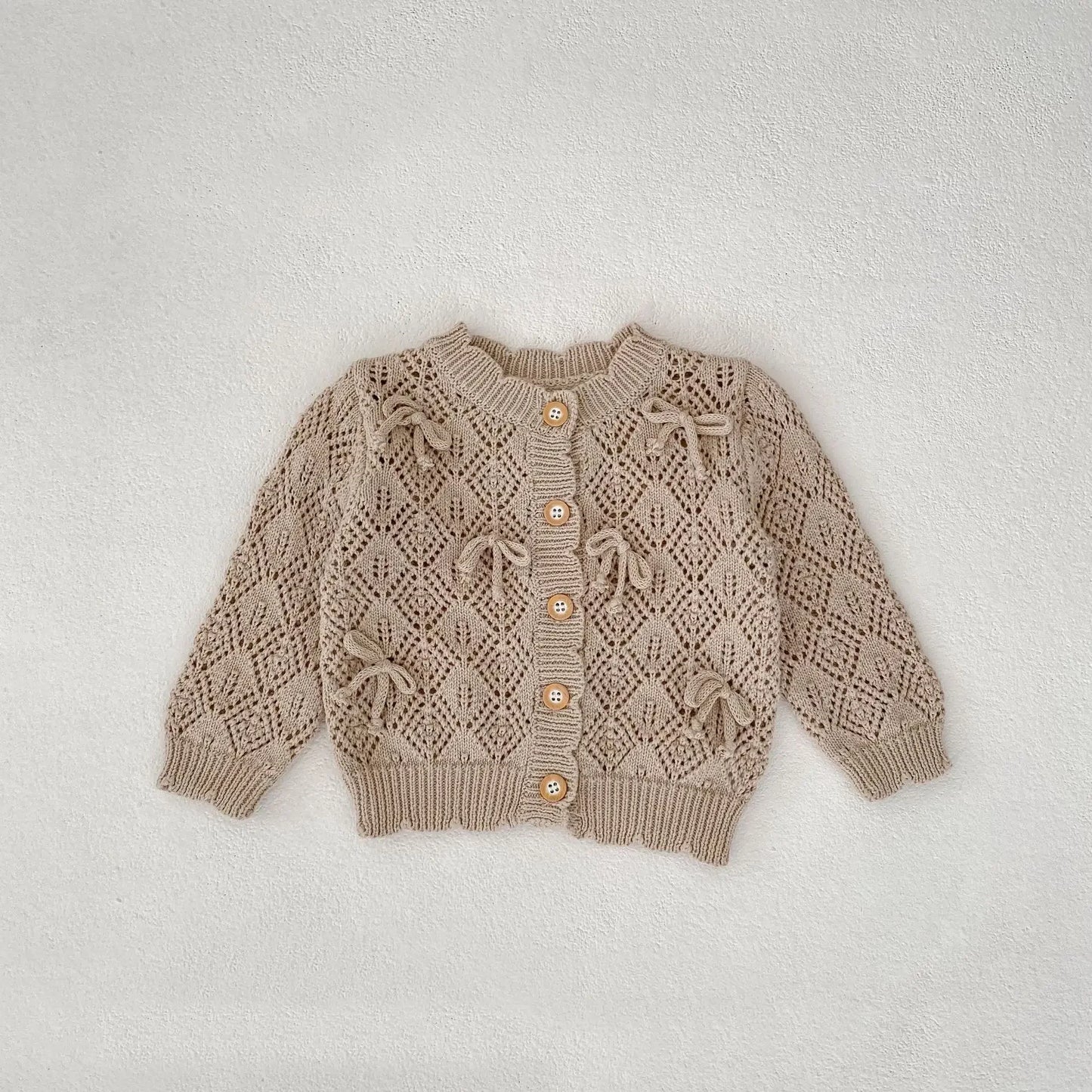 Cárdigan Tejido Infantil para Bebé – Chaqueta Calada con Lazo para Primavera y Otoño