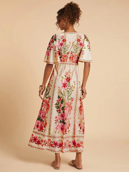 🌸 Vestido Maxi Floral con Mangas Volante y Escote en V con Lazo – Elegancia Atemporal