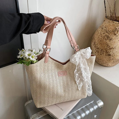Bolso Tote de Playa de Gran Capacidad Tejido a Mano – Bolso de Hombro Casual de Verano