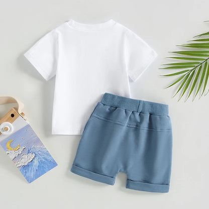☀️ "Pequeño Aventurero": Conjunto de Verano de Algodón con Camiseta Estampada y Pantalones Cortos