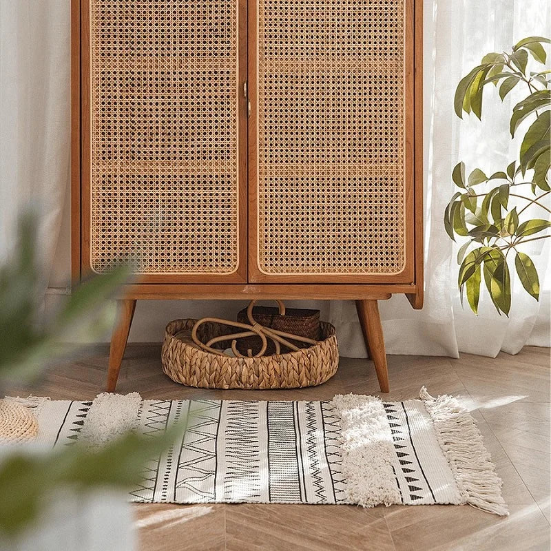 Alfombra Artesanal con Borlas Estilo Nórdico y Marroquí – Decoración Bohemia para Dormitorio y Sala