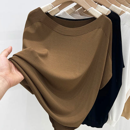 Camiseta Mujer Talla Plus de Un Hombro en Punto Ice Silk – Estilo Fresco y Sofisticado