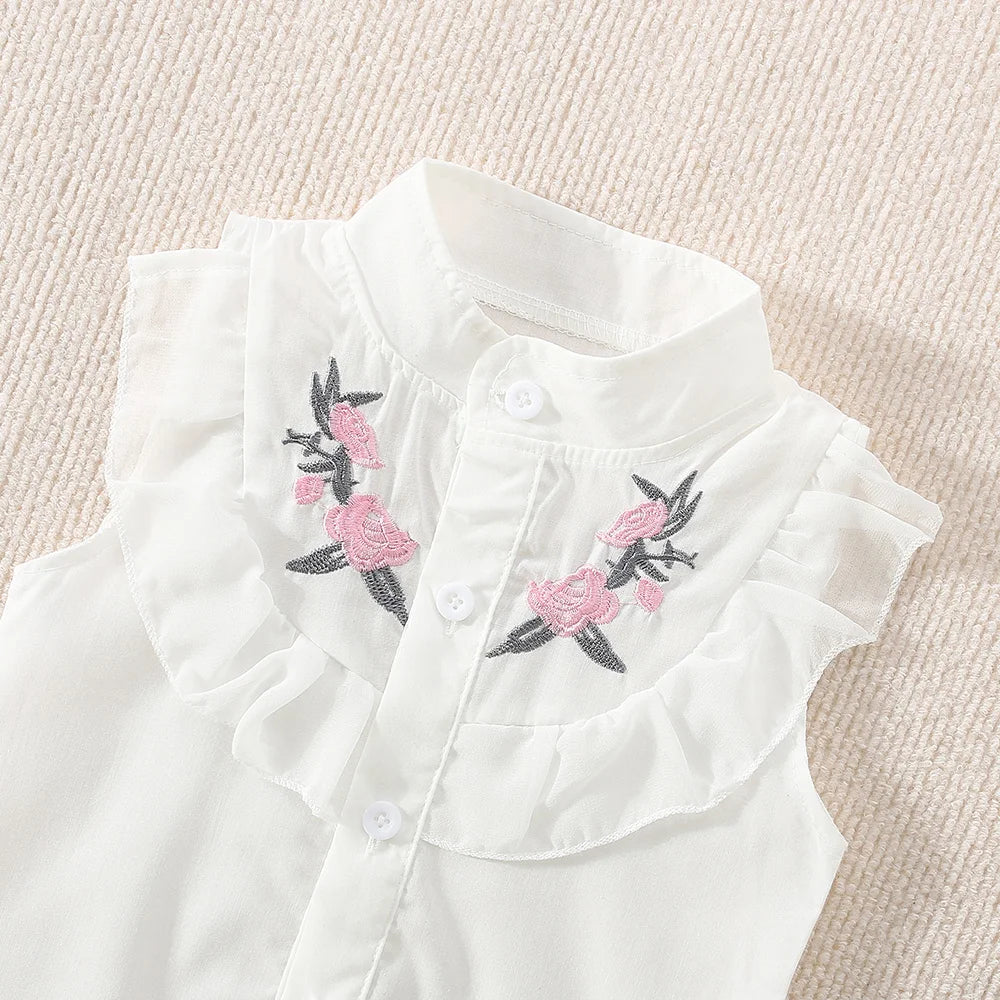 🌸 Conjunto de Verano para Niña – Top Bordado sin Mangas + Shorts de Algodón
