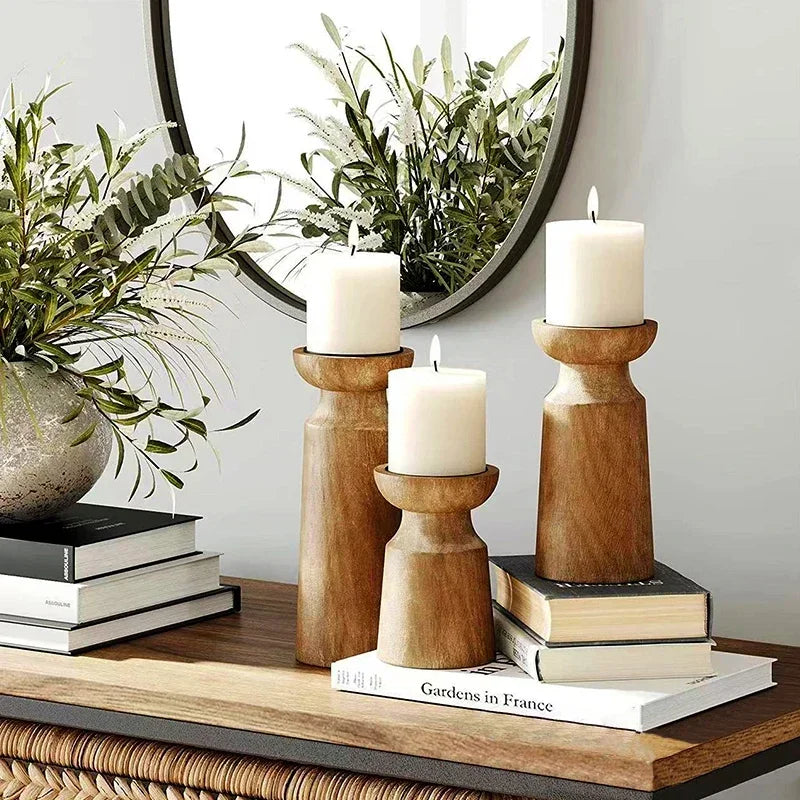 Set de 3 Portavelas de Madera Natural – Estilo Retro para Decoración del Hogar y Eventos