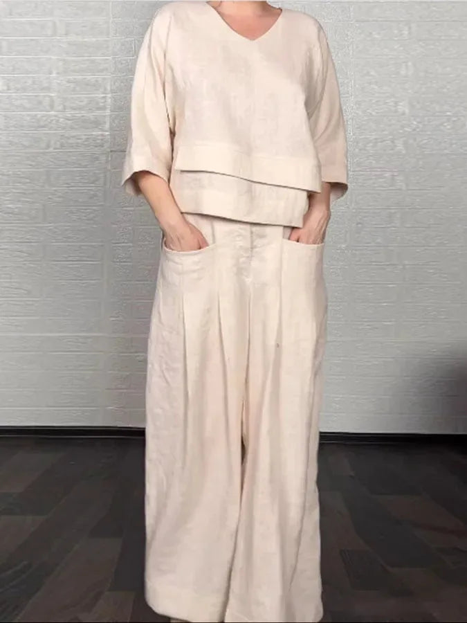 Conjunto Elegante Dúo – Blusa de Cuello en V + Pantalón Palazzo con Bolsillos