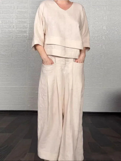 Conjunto Elegante Dúo – Blusa de Cuello en V + Pantalón Palazzo con Bolsillos