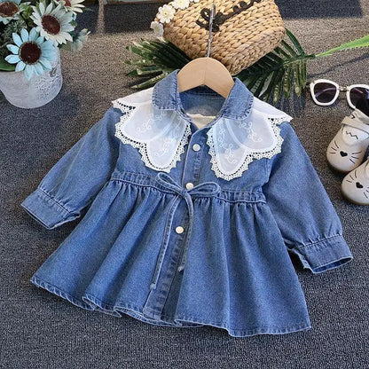 Vestido Infantil de Mezclilla para Niña – Estilo Princesa con Bordado y Lazo