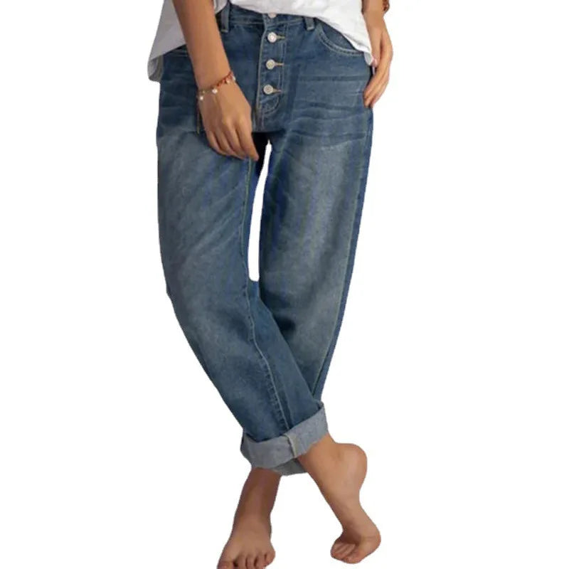 Jeans Rectos de Tiro Alto para Mujer - Estilo "Distressed" y Corte Relajado (Ankle-Length)